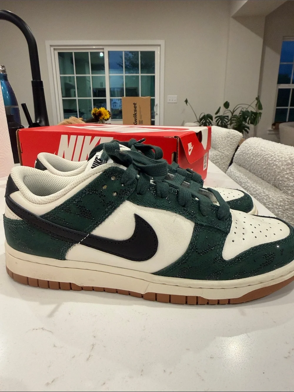 Nike women’s Dunk Low — White & Dark Green croc with Black Swoosh
